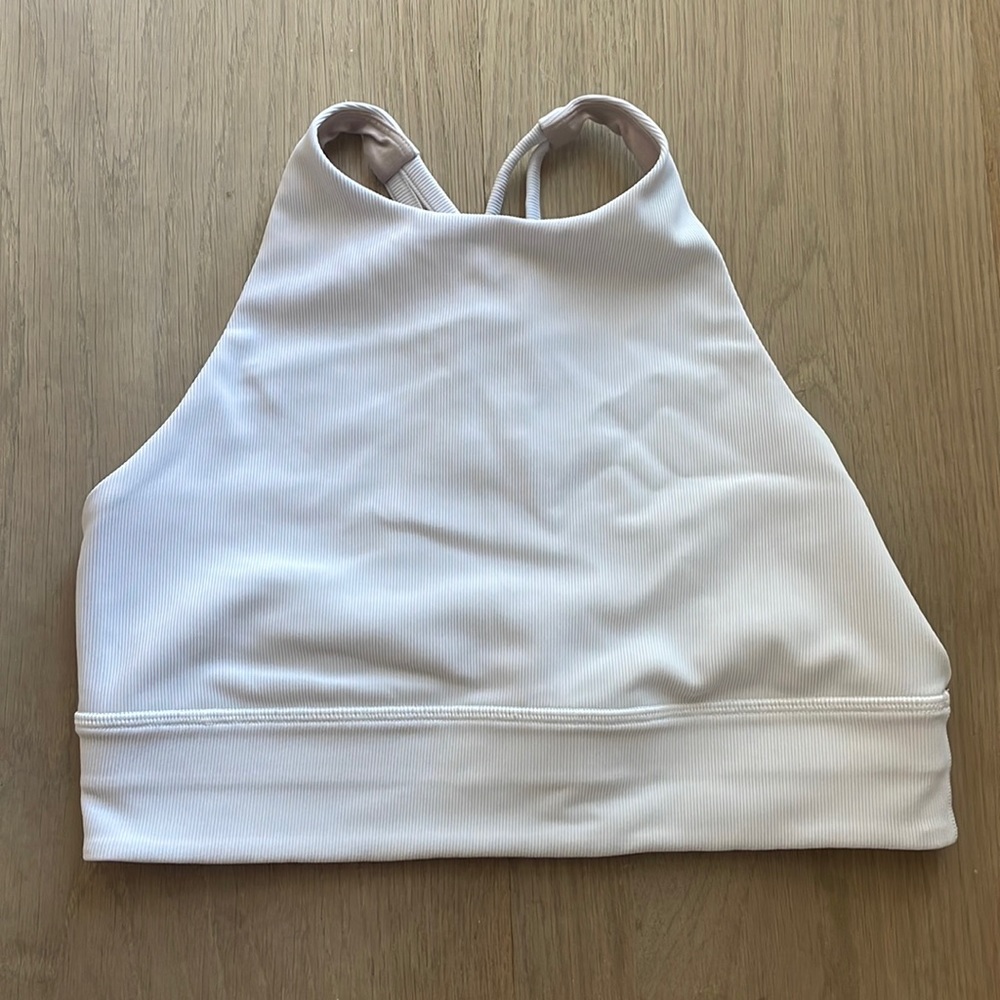 White lulu lemon sports bra high neck strappy in the back ribbed material